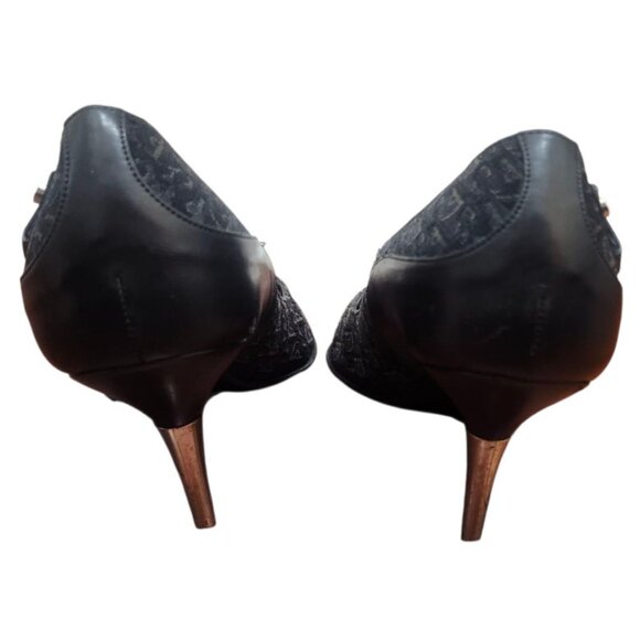 Christian Dior Monogram Heels 36 Black Logo Canvas Leather Pointed Toe Pumps - Picture 9 of 15